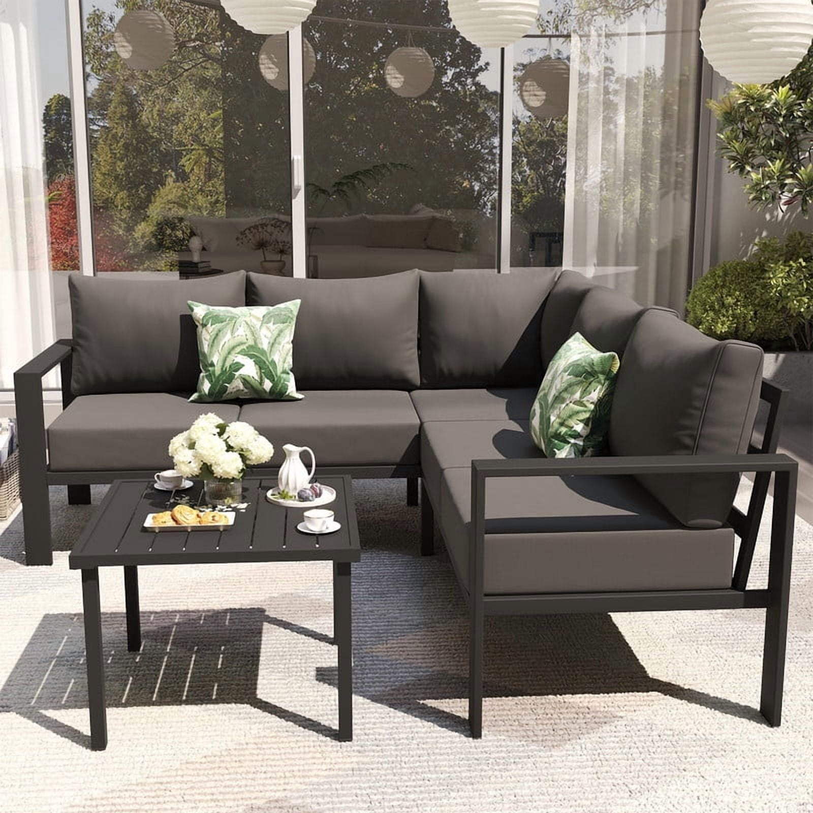 ELPOSUN 6 Pieces Patio Furniture Sets with 6" Thick Olefin Cushions, Metal Outdoor Sectional Furniture L Shape Patio Conversation Sets for Garden, Backyard, Black Frame, Gray
