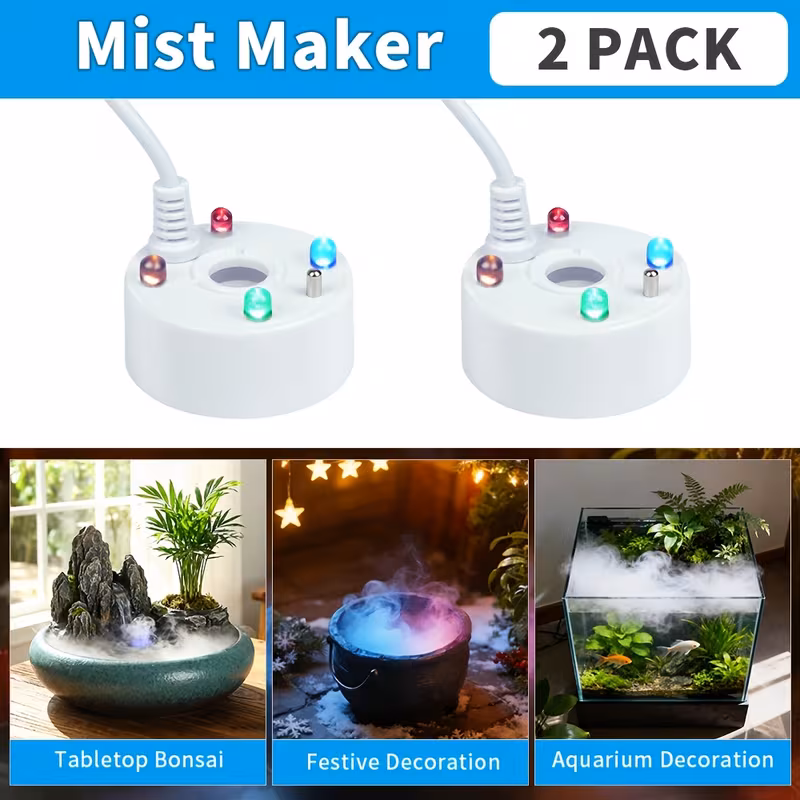 2Pcs Mini Fog Machine, Mist Maker Fogger Mist Maker USB Colorful LED Lights Mist Maker for Fish Tanks, Vases and Rockery Decoration (White)