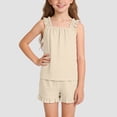 thumbnail image 3 of Faraee Girls 2 Piece Summer Shorts Sets Ruffle Sleeveless Tee Tops Elastic Waist Shorts Toddler Cotton Loose Outfit Clothes 5t 6t 7t 5-16 Years Beige, 3 of 7