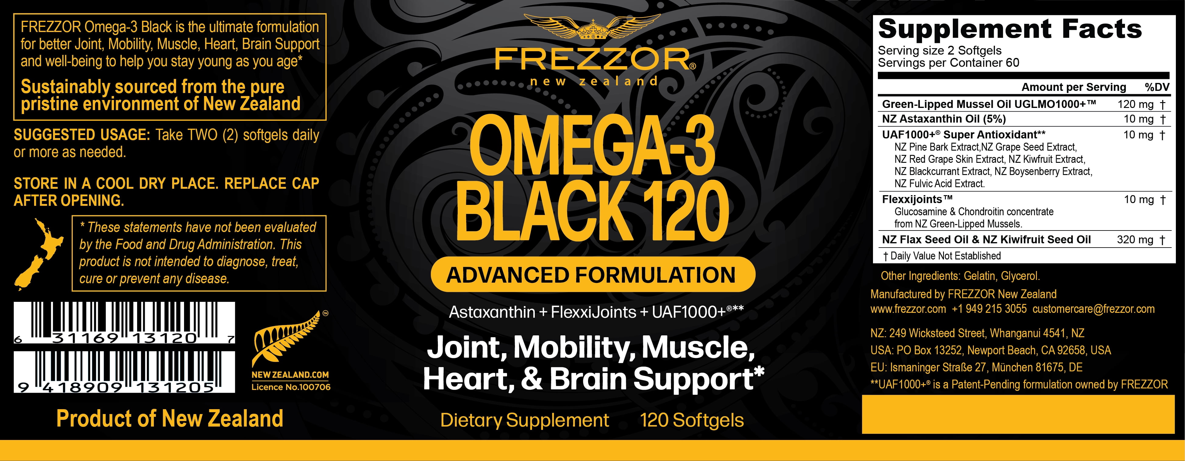 FREZZOR Omega-3 Black – Green-Lipped Mussel Oil, Joint & Heart Health, 120 Softgels, 1bottle
