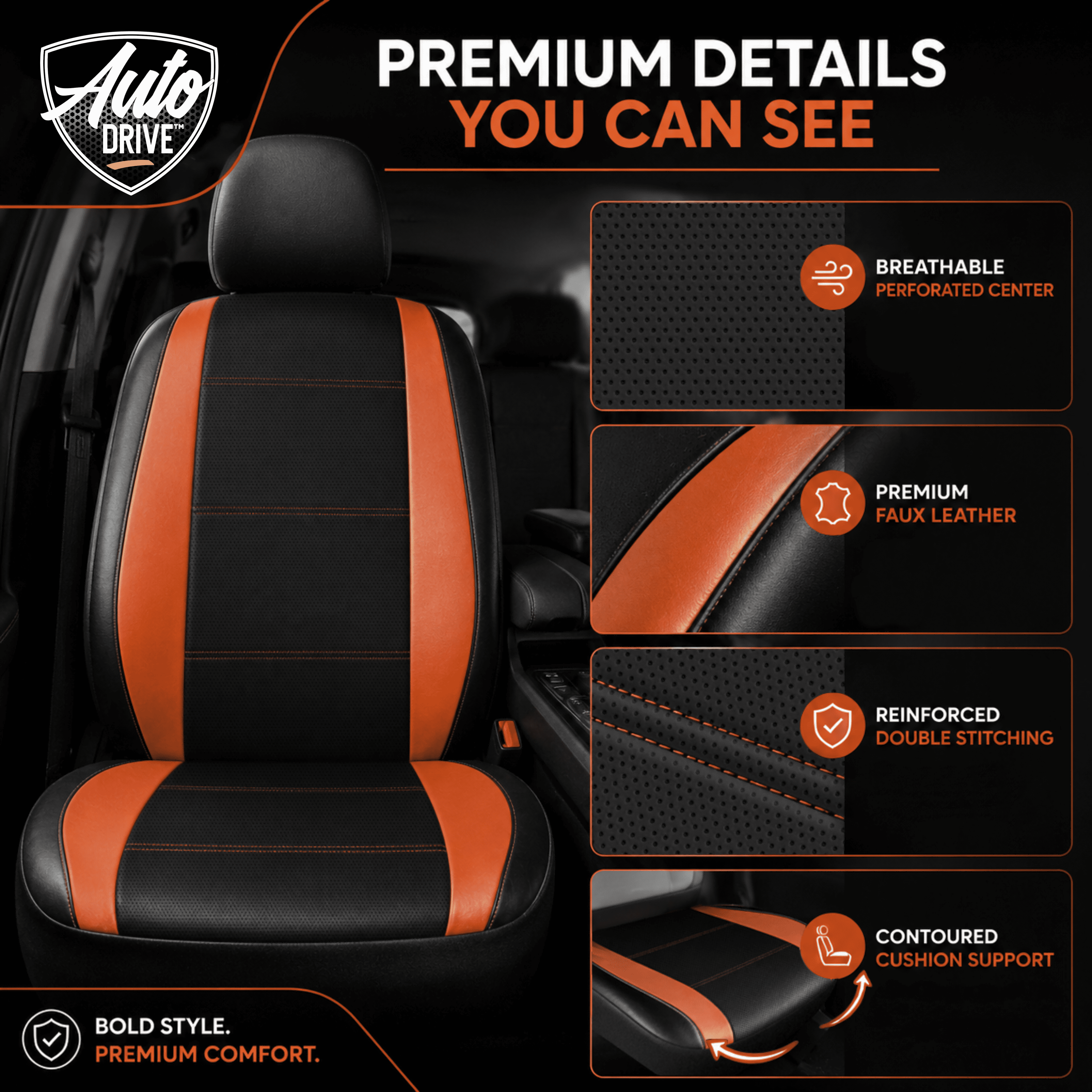 Auto Drive Car Seat Covers, Two-Tone Fabric Front Seat Protector, Breathable Comfortable, Anti-Slip Airbag Compatible Universal Fit for Cars SUVs Trucks,Orange