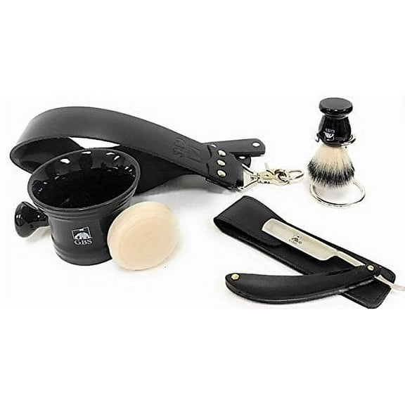 G.B.S Men's Shaving Set - 7 Piece Includes Faux Horn Premium Shave Ready Straight Razor, Leather Case, Strop, Brush, Stand, Mug & Soap