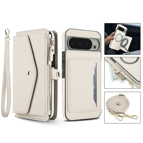 For Google Pixel 9A Crossbody Wallet Phone Case,Magnetic Detachable Flip,With Shoulder Strap&Wrist Strap,Zipper Pocket,Card&Cash Slots,PU Leather Shockproof Rugged Phone Case,White