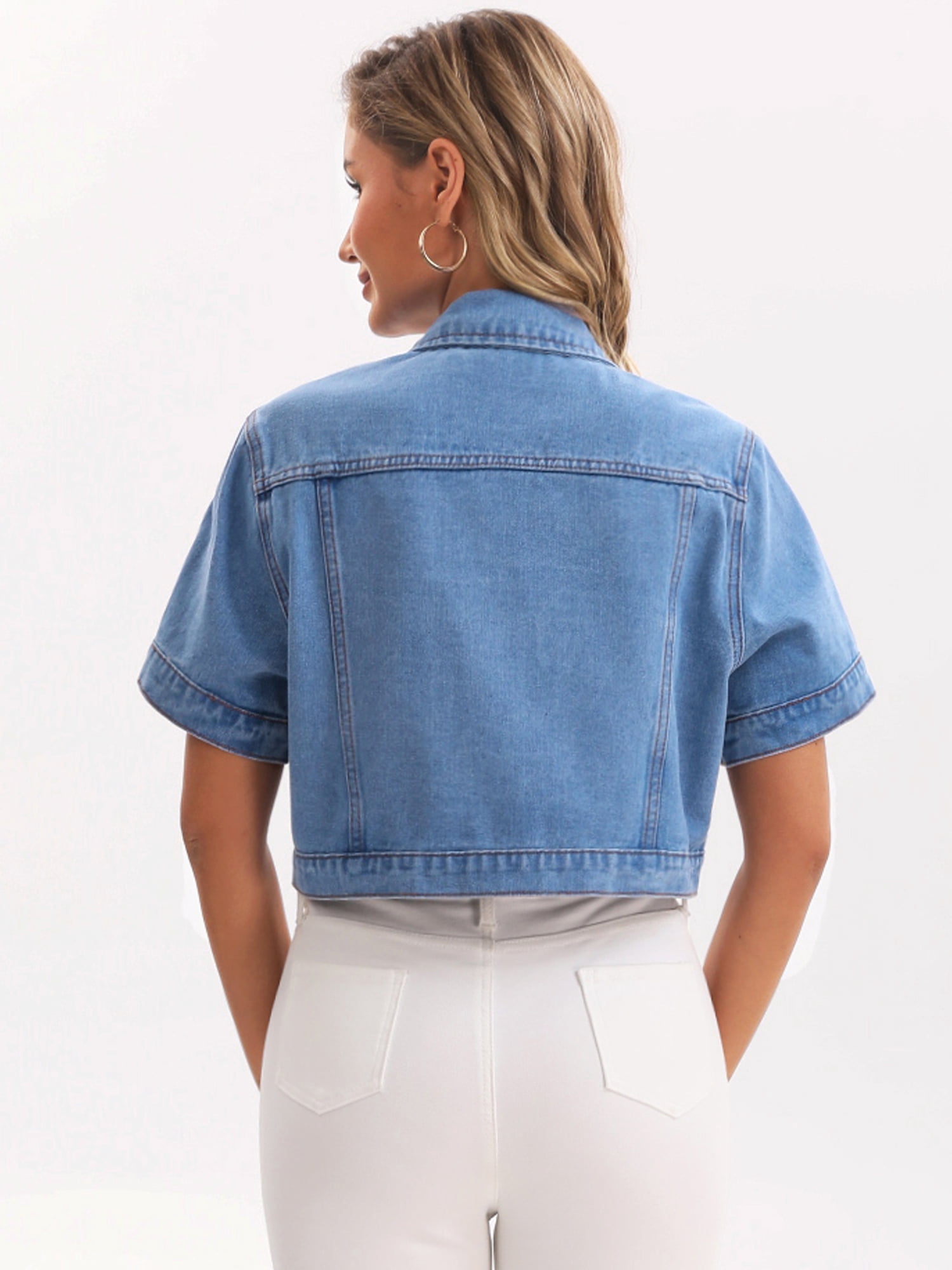 DARING DIVA Women's Short Sleeve Denim rendy Cropped Jean Jacket 2XL Light Blue
