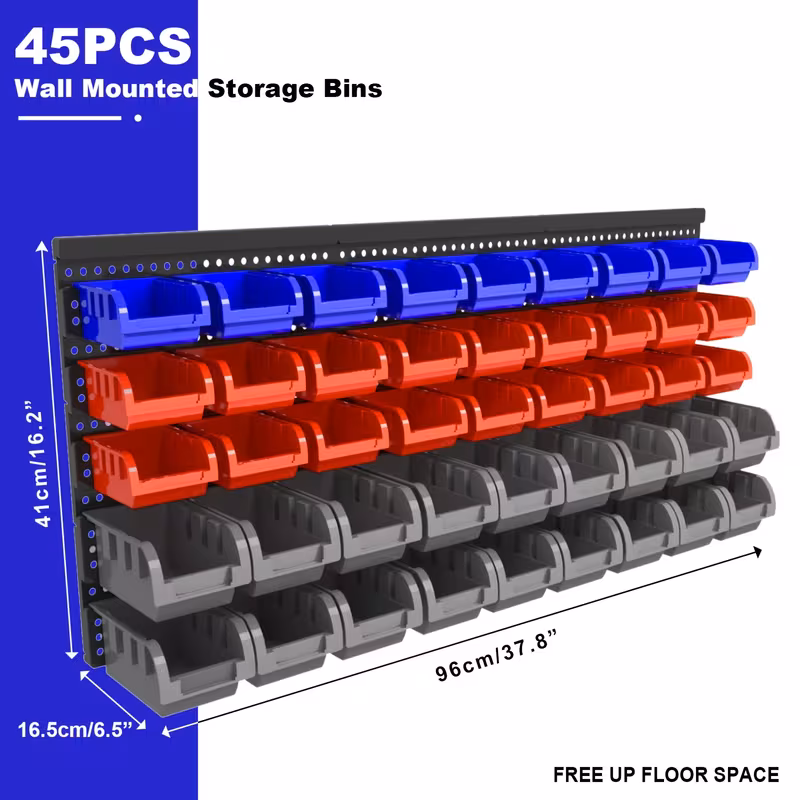Wall-Mounted Storage Rack System with Bins and Brackets - 45 Pcs Heavy Duty Garage & Workshop Tool Organizer, Stackable for Screws, Nuts, Bolts, Nails, Beads & Small Hardware, Easy Installation