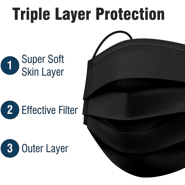 WeCare 50-Pack Black Disposable Face Masks – 3-Ply, Individually Wrapped, Breathable, Adjustable Nose Clip, Non-Medical