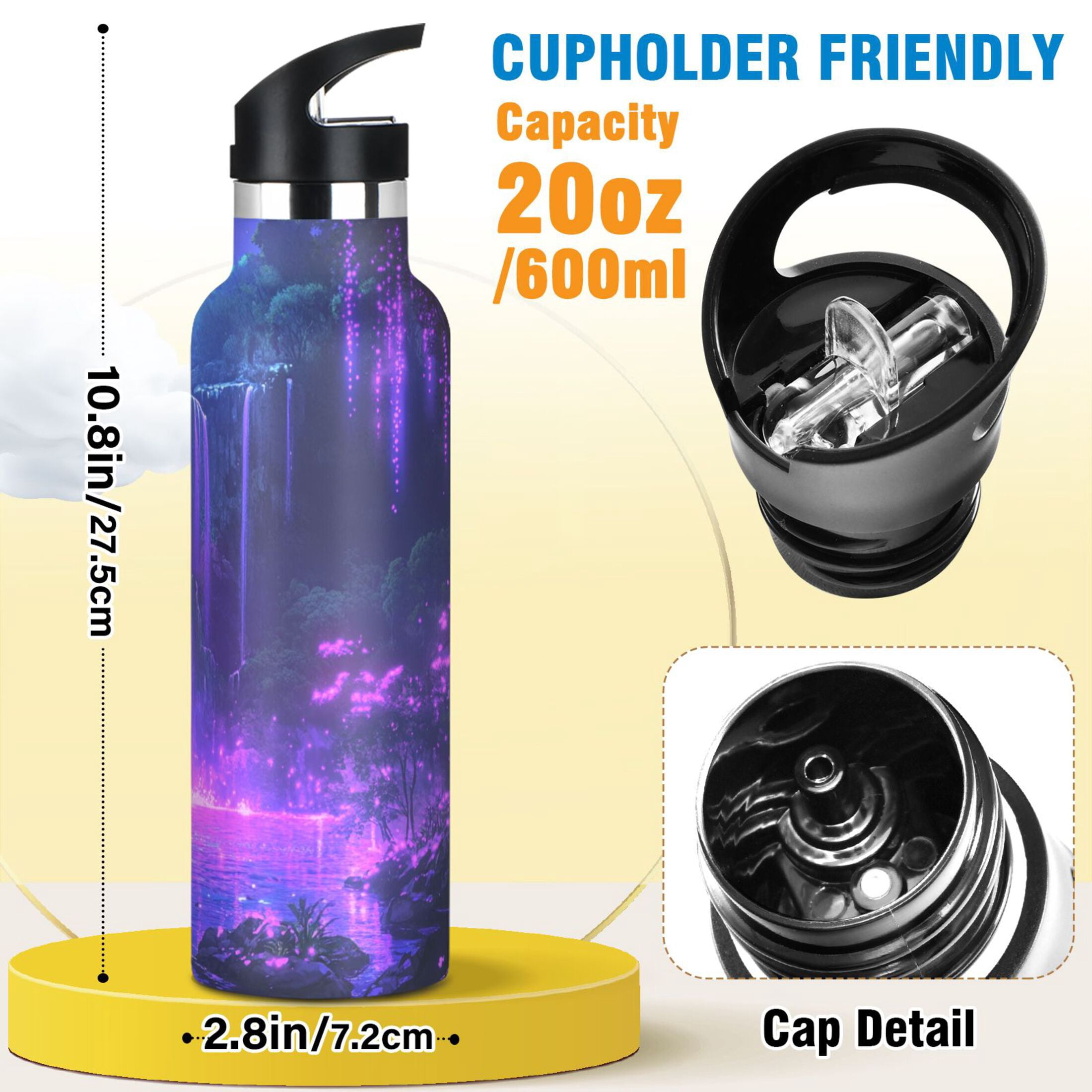 Kids Insulated Stainless Steel Sports Water Bottle 600ml (20oz) Purple Neon Waterfall