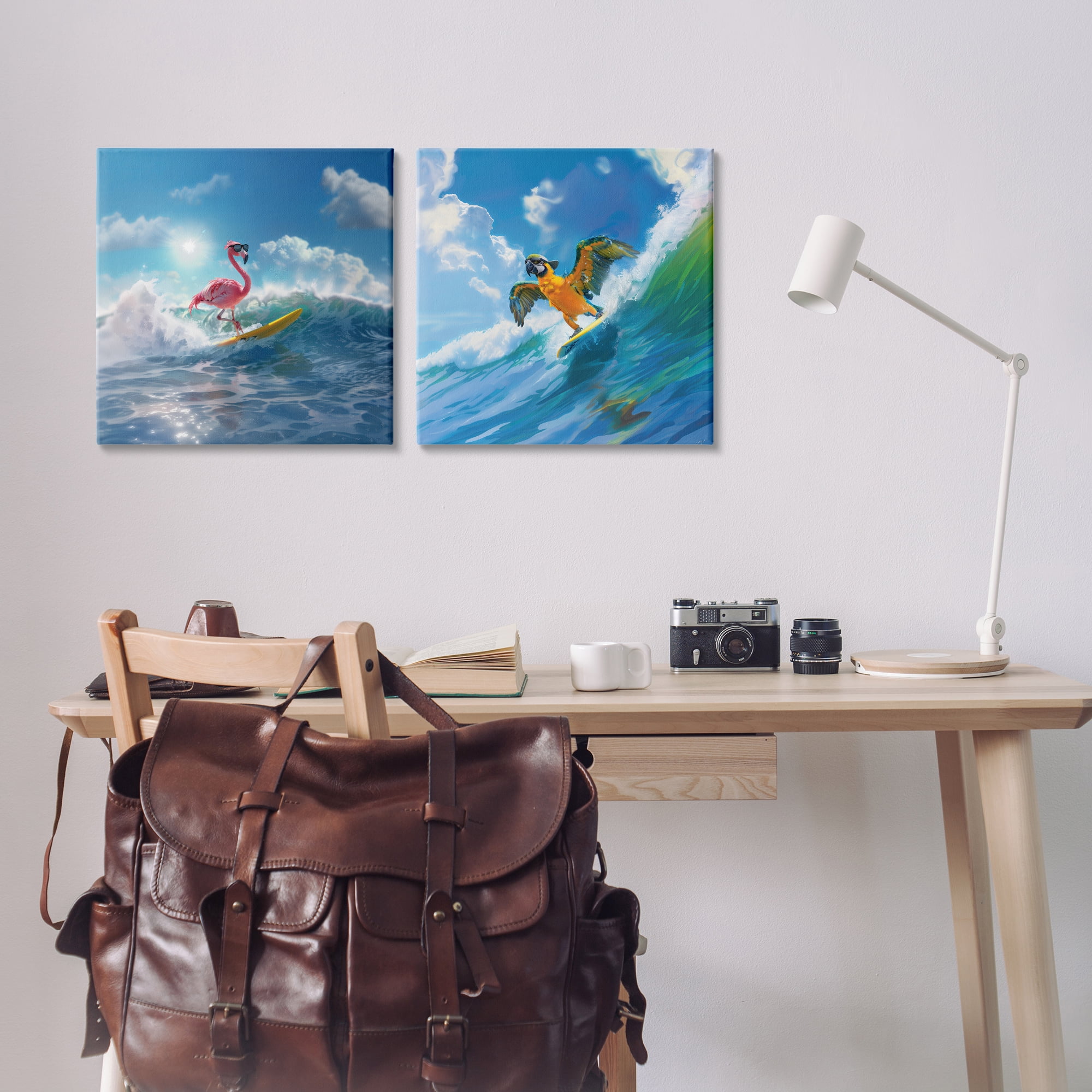 Stupell Industries Parrot & Flamingo Surf Nautical & Beach Painting Wrapped Canvas Art Print Wall Art, 17 x 17, Set of 2