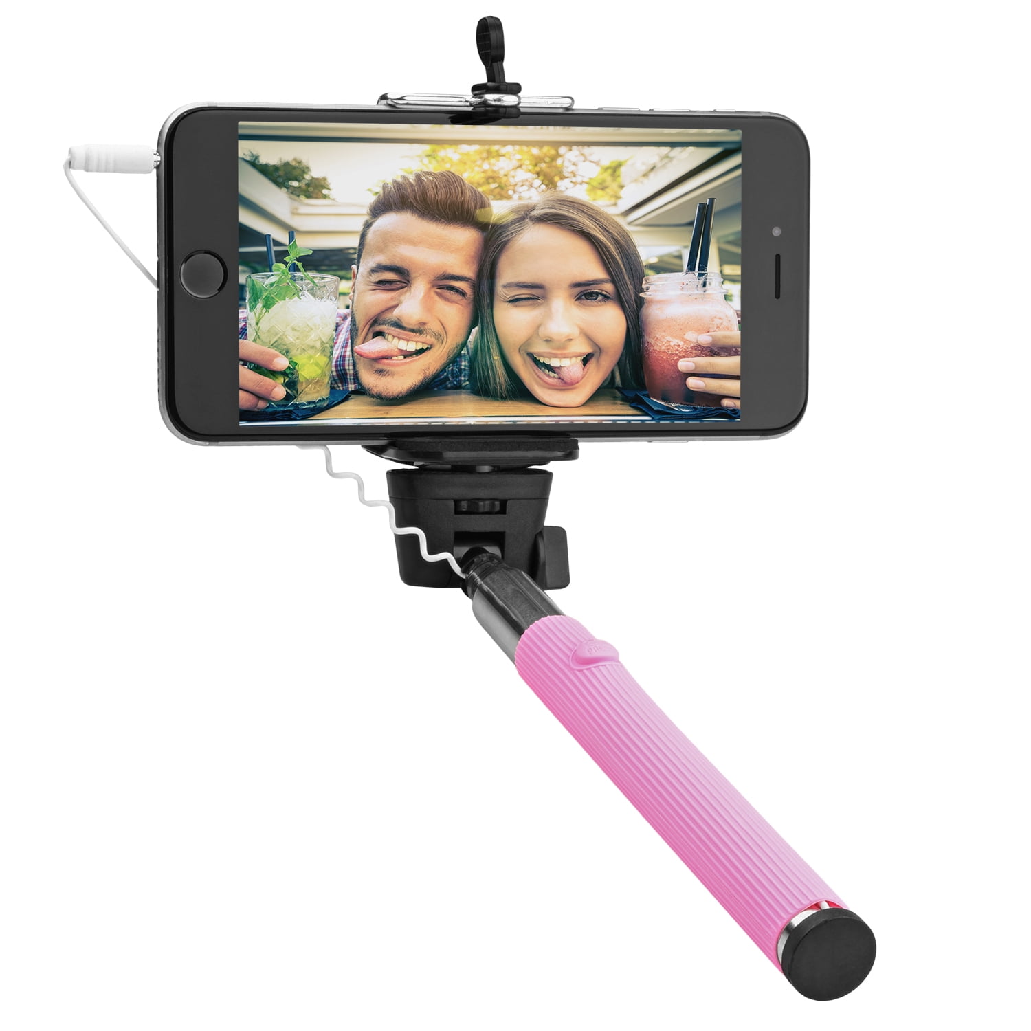 circuit city wired extendable selfie stick with remote control handle | extra-long 42 extending monopod with lanyard | steel telescoping phone holder for iphone 6, 5, 4, samsung s6, s5 & more (pink)