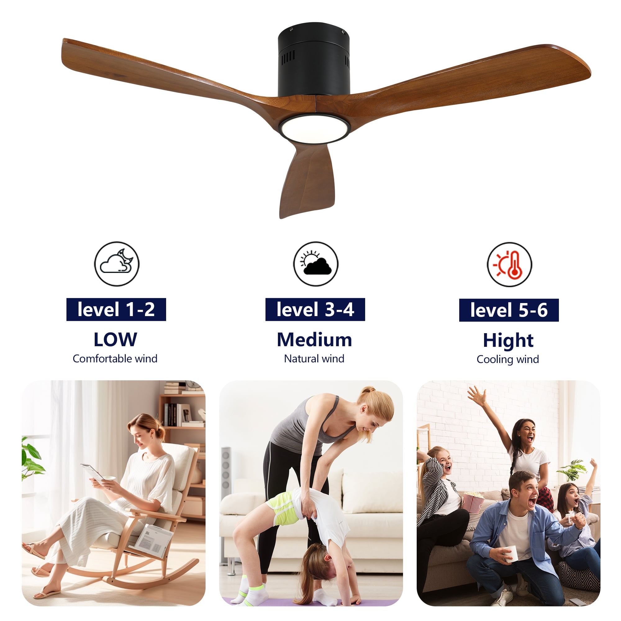 Ceiling Fan with Light, 52 Inch Solid Wood Blade Remote Fan for Home Living Indoor Area, Matte Black Wood