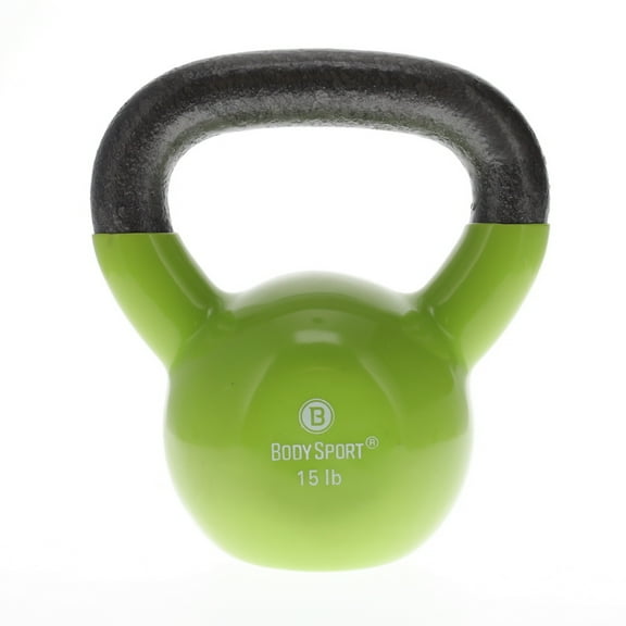 Body Sport Cast Iron Vinyl Coated Kettlebell, 15 lb. - Professional Weight Training Equipment for Home & Gym Workouts (Green)