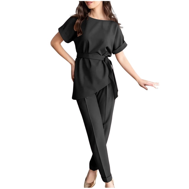 Birdeem Printemps et Été Femmes Élégant Bandage Uni Décontracté Manches Courtes Col Rond Blouses Hauts Ensembles Pantalons Longs