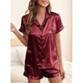 thumbnail image 4 of Elegant Satin Solid Pajamas, Short Sleeve Button Up Top And Shorts Pj Set, Women's Sleepwear & Loungewear, 4 of 5