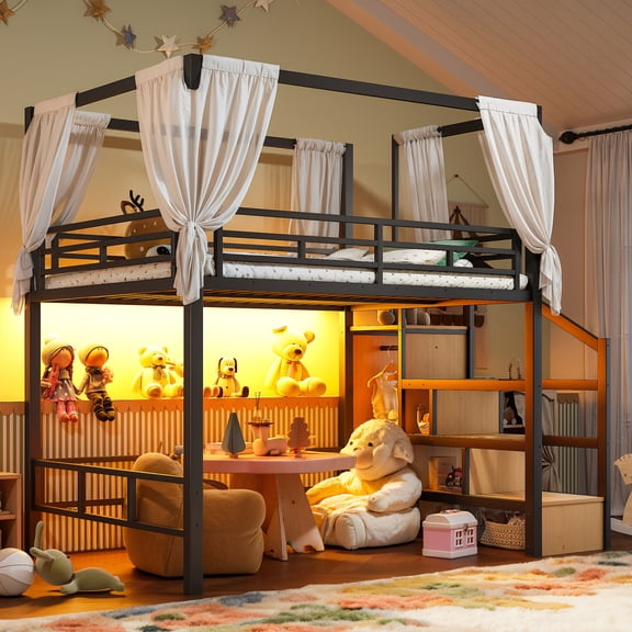 Full Loft Bed with Storage Stairs and Wardrobe, Metal Loft Bed with Canopy Frame and Led Light, Ample Underbed Spaces Design, Black