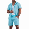 thumbnail image 4 of Men Mesh 2 Piece Outfits See Through Casual Shirts and Shorts Hollow Out Mid Shorts Set Lake Blue XXXL, 4 of 8