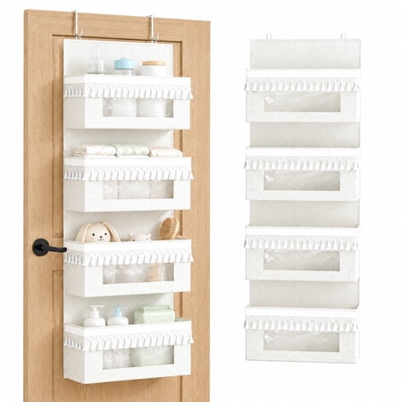 Aokeyee Over The Door Organizer, 4 Tier Boho Door Organizer Hanging with Tassels and Clear Window, 55lb Behind The Door Storage for Baby Nursery, Bedroom, Bathroom
