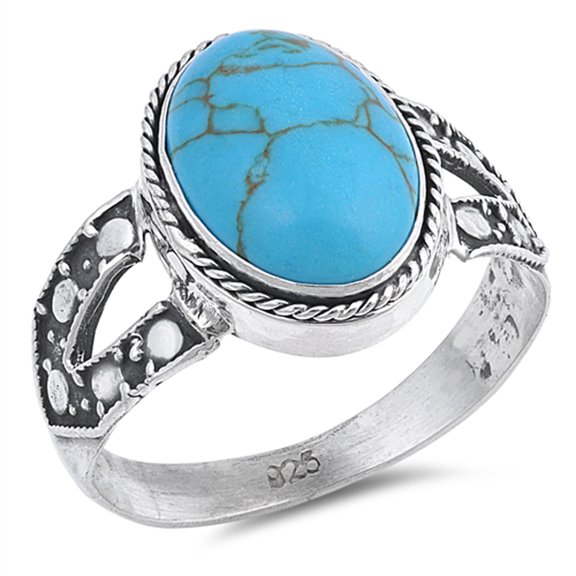 Large Oval Simulated Turquoise Bali Rope Halo Ring 925 Sterling Silver Band Blue CZ Female Size 7