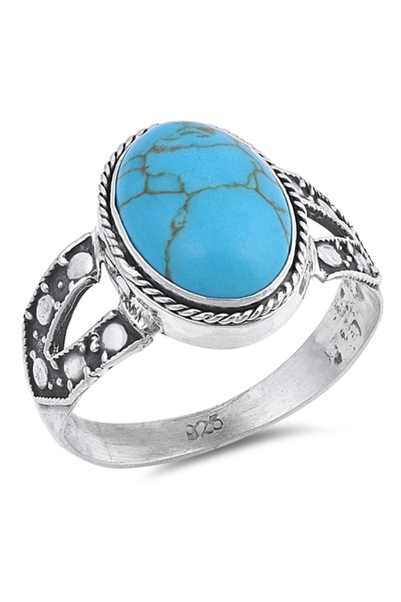 Large Oval Simulated Turquoise Bali Rope Halo Ring 925 Sterling Silver Band Blue CZ Female Size 7