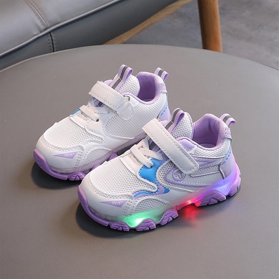 Crunowin Girls' Light-Up Walking Shoes Hook & Loop Closure Breathable Upper Soft Sole & Non-Slip Comfortable Casual Glow Shoes Purple Size 18 Months