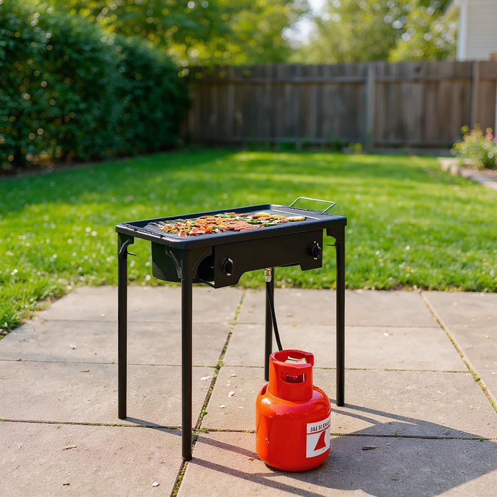 Outdoor Propane Gas Stove with Double Burner - High Pressure Cooking System, Portable Cast Iron Burner for Outdoor Camping & Adventures, 150K BTU Power, Compact & Lightweight for Travelers