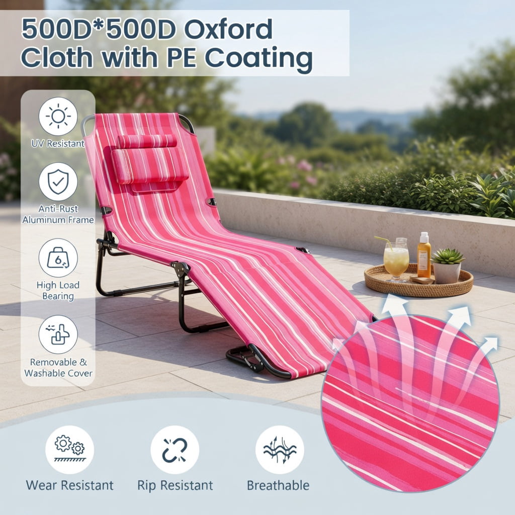Hommoo Foldable Face-Down Tanning Chair with Adjustable Backrest, 3 Removable Zippered Pillows, Pink Stripe