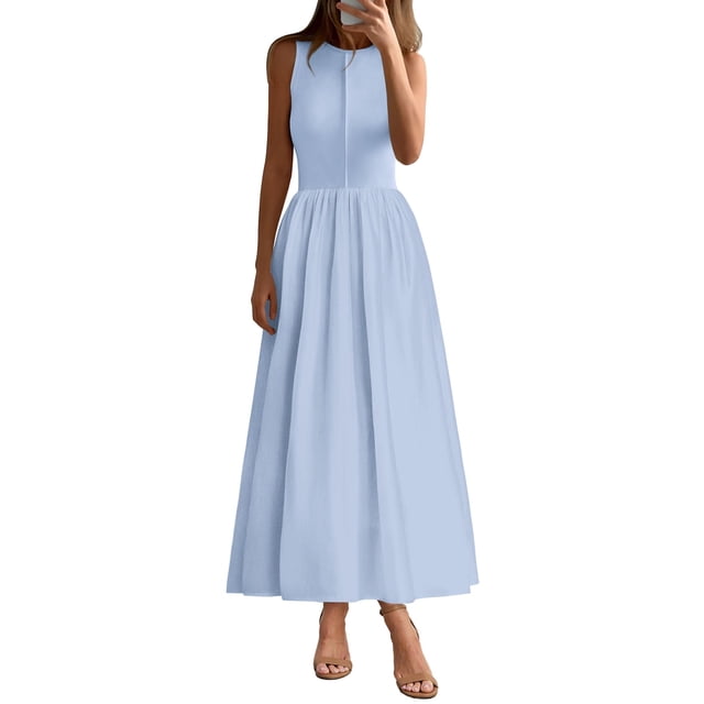 Vestido PRETTYGARDEN 2025 Verano Maxi Sin Mangas Azul Claro Talla L
