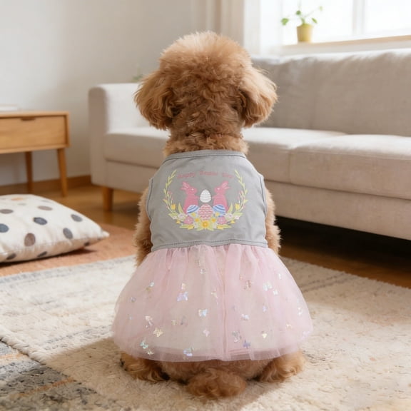 Easter Bunny Egg Print Dog Tulle Dress Sleeveless Sparkly Tutu Dog Skirt Soft Breathable Pet Apparel for Small Dogs Puppies Spring Summer Holiday Parties and Pet Owners(Pink,XL)