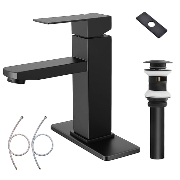 XEENSO Black Bathroom Faucet with Pop-up Drain - Stainless Steel Matte Vanity Faucets with Single Handle for RV Lavatory, Including Deck Plate and Water Supply Hoses