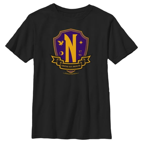 Boy's Wednesday Nevermore Academy Crest Graphic Tee Black Small