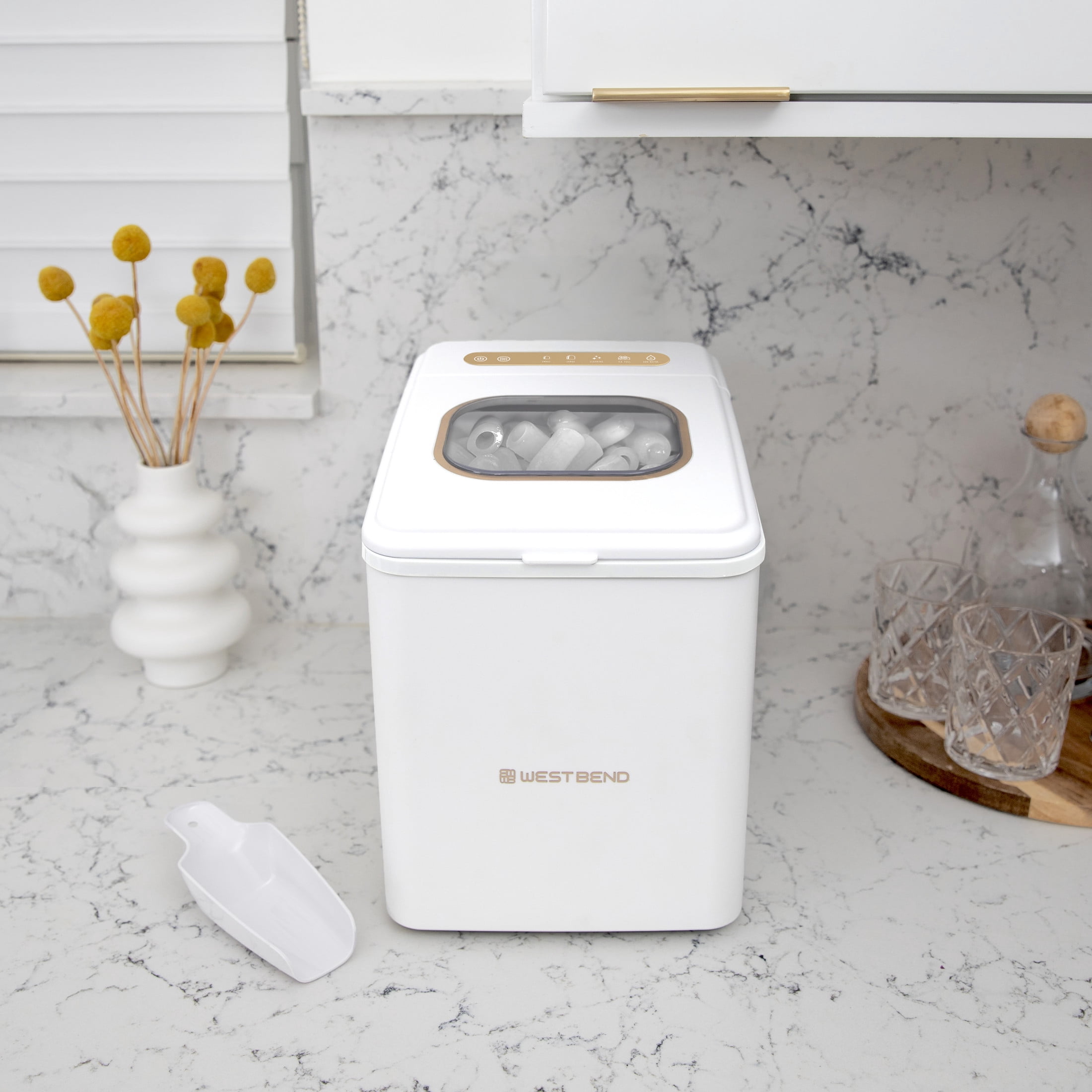 West Bend Timeless 26lb. Countertop Bullet Ice Maker in White and Gold (WBIM2625WG)