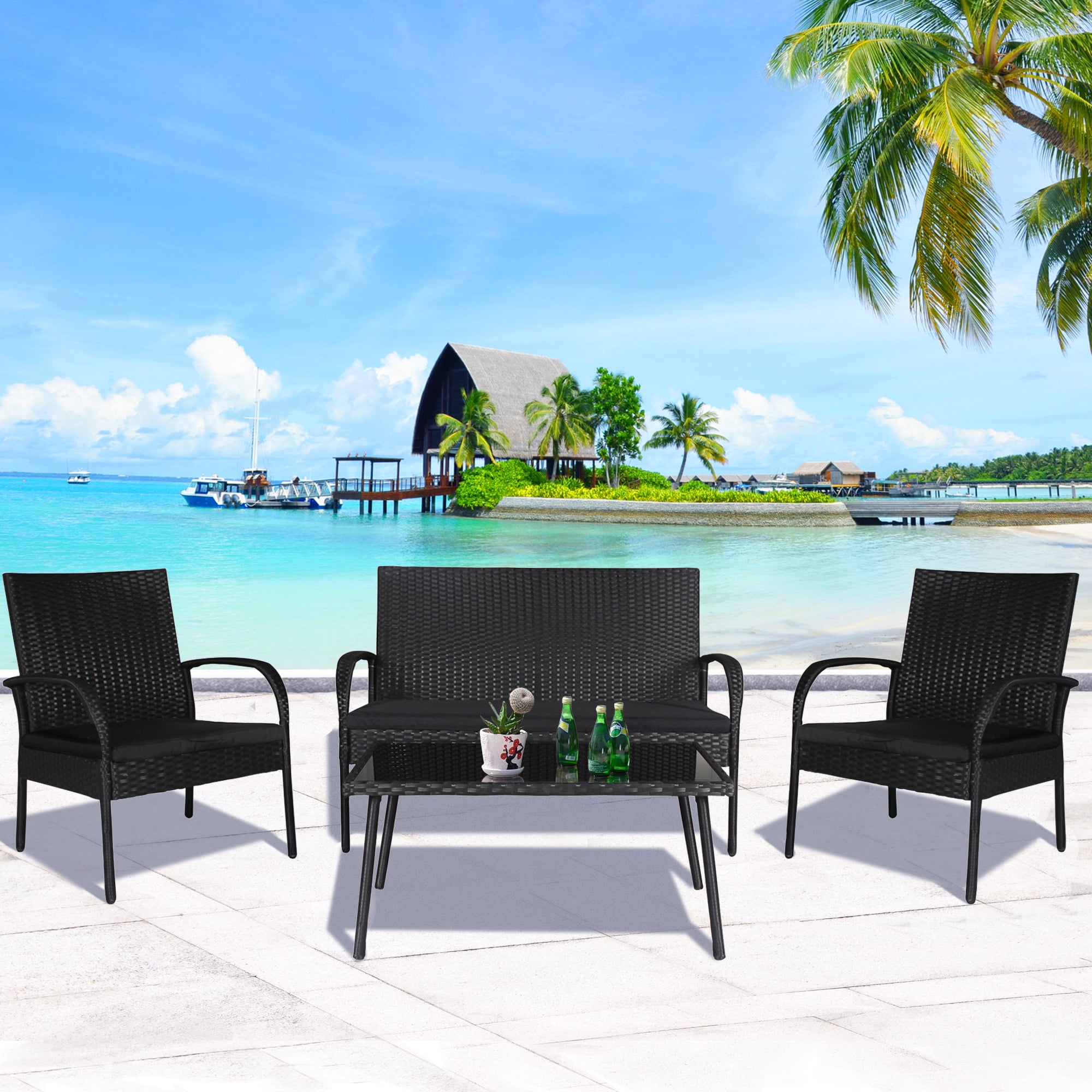 Outdoor 4 PC Wicker Rattan Patio Sectional Set Sofa Glass Table Loveseat Black