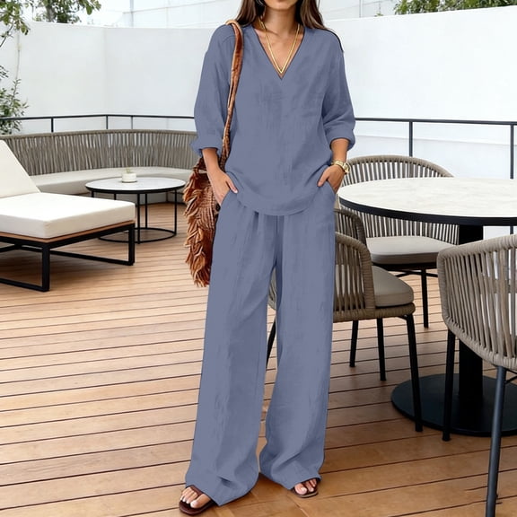 Womens Summer Casual Two Piece Sets V Neck Long Sleeve Tops Wide Leg Pants Casual Travel Lounge Set Track Suits, Beach Outfits(Light Purple,XXXL)