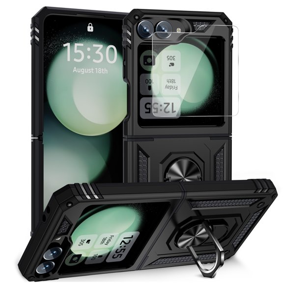 Dteck for Samsung Galaxy Z Flip 6 Case with Outer Screen Protector, Galaxy Z Flip 6 Case with
360° Rotate Ring Stand & Hinge Protection, Drop-Proof Full Body Cover for Samsung Galaxy Z Flip6 5G,Black