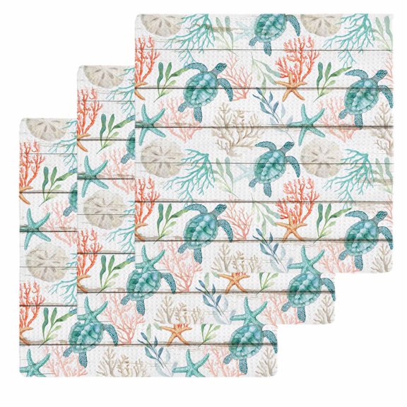 Teal Red Coastal Kitchen Dish Towels for Drying Dishes Set of 3, Beach Nautical Sea Turtle Coral Starfish Vintage Waffle Weave Microfiber Hand Tea Bathroom Towels Quick Dry & Absorbent Towel 12x12