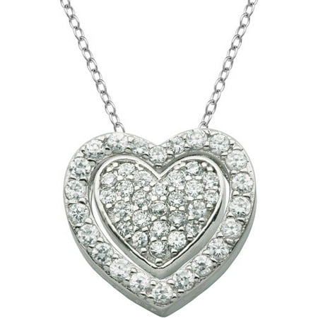 1.45 Carat T.G.W. White CZ 2-Piece Sterling Silver Pave-Heart Pendant Necklace Set on Cable Chain, 16 + 2