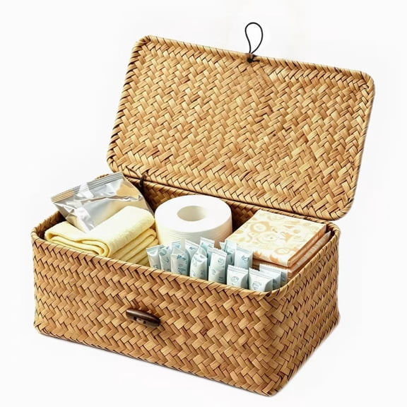 Natural Seagrass Wicker Basket with Lid - Small Rectangular Woven Storage Box for Bathroom, Pantry, Shelves