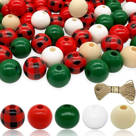 100 Pieces Wood Round Beads, Buffalo Plaid Loose Wooden Beads, 16mm Farmhouse Painted Spacer Beads with Hemp Rope, for Christmas Holiday Party Decoration Garland Bracelets DIY Crafts Making