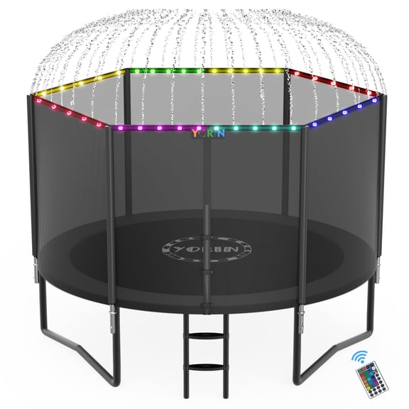 YORIN 8FT 10FT 12FT 14FT Trampoline with Enclusore Net, Sprinkler & LED Lights, 800LBS Capacity Outdoor Trampoline for 2–3 Kids, Safety Enclosure Net, Ladder, Heavy-Duty Backyard Round Trampoline