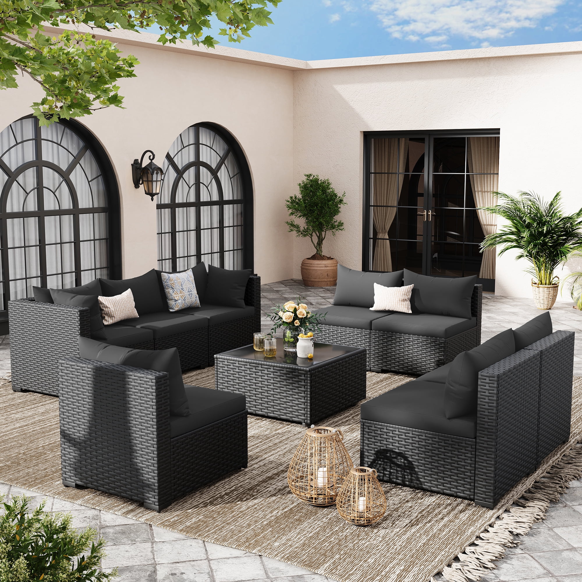 POTEBAN 9 Pieces Patio Conversation Set, Outdoor Black PE Wicker Sectional Sofa for Backyard Garden, Black