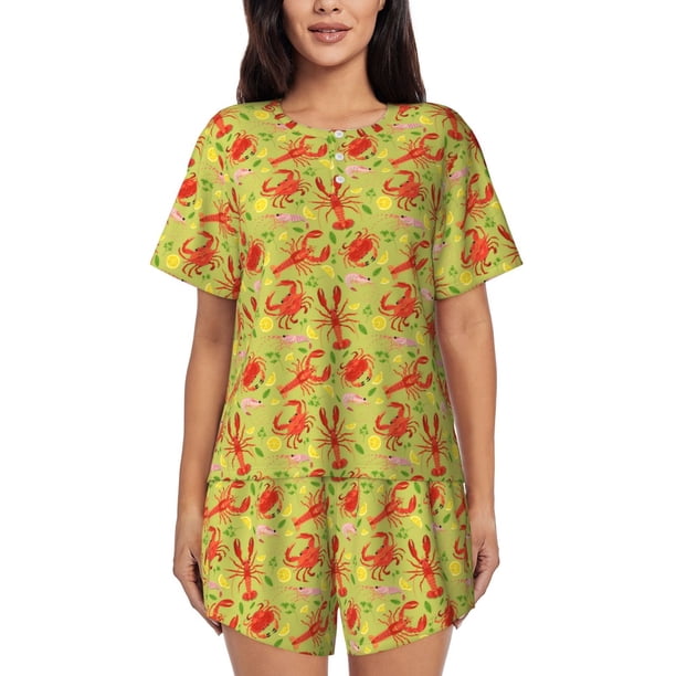 Fotbe Crab Lobster Conjunto de Pijama Estampado para Mujer, 2 Piezas, Ropa de Dormir con Camiseta de Manga Corta y Shorts Suaves-Medium