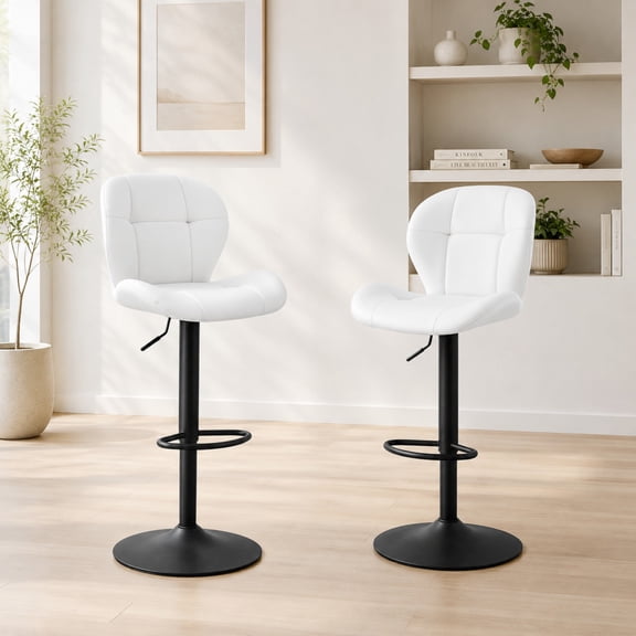 TesNus Bar Stools Set of 2 White PU Leather Tufted Swivel Adjustable 44 Inch Black Pedestal Base for Kitchen Island