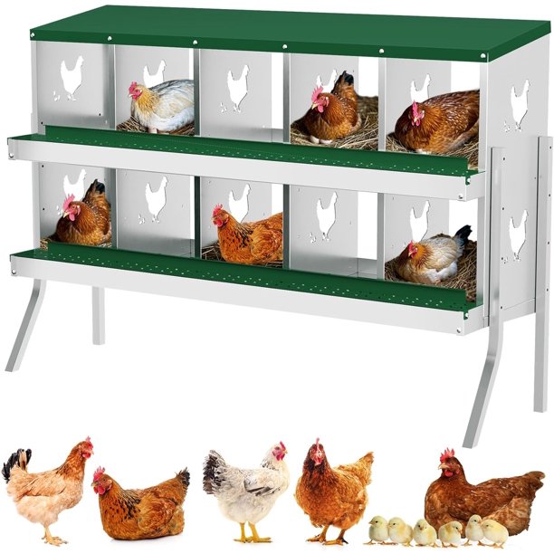Cajas Nido para Gallinas, Caja Metálica con 10 Compartimentos, Percha, Tapa Segura, Versátil para Montaje en Pared