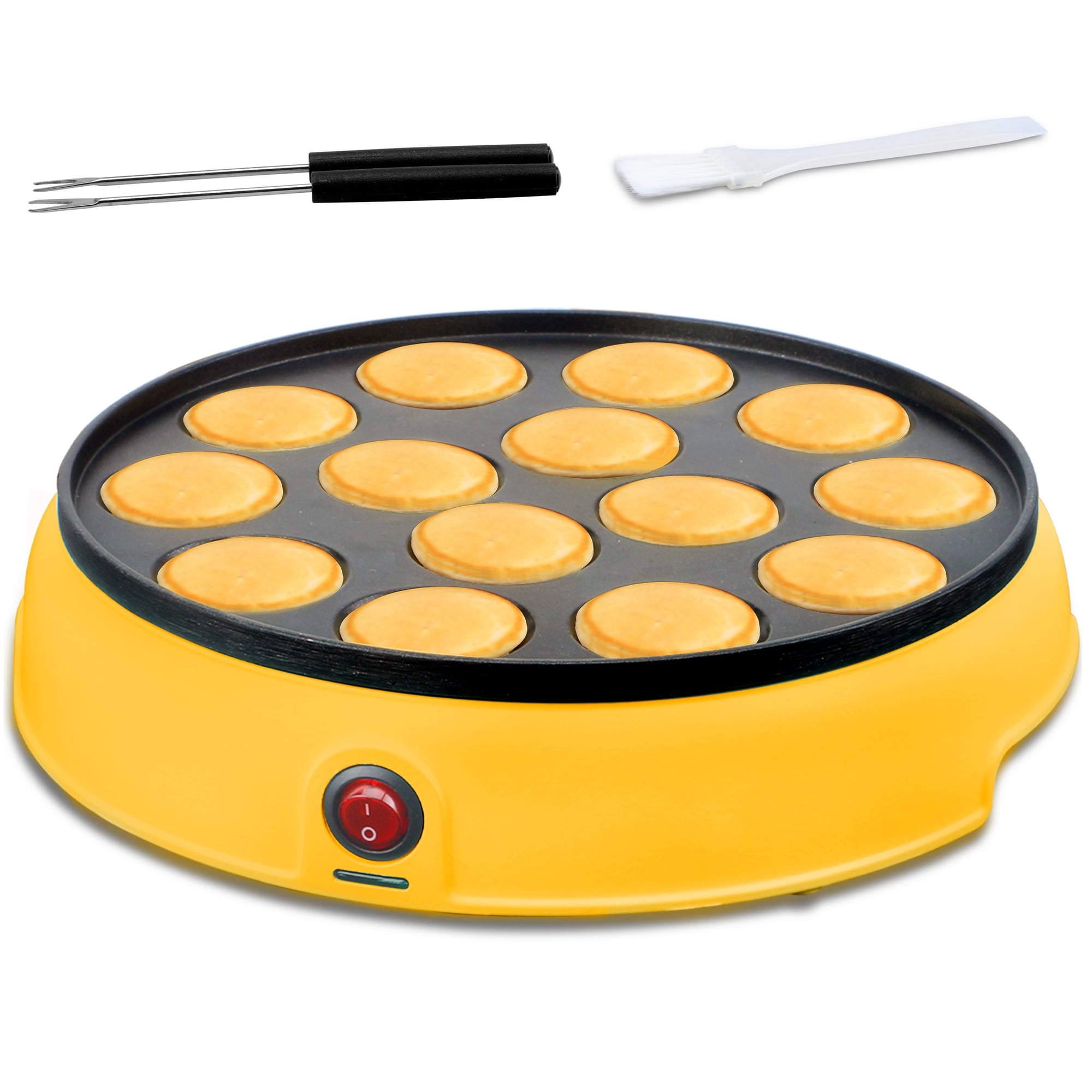 Mailand 14 Holes Mini Pancakes Maker Machine, Dutch Mini Pancake Griddle, Electric Poffertjes Pan, Non-stick, 2 x Forks Included, Yellow