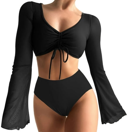Rigardu Hot Sale!! High Waisted Bikini Sets for Women  2 Piece Swimsuit V Neck Pleated Drawstring Flared Sleeves Bikini Top Women s Long Sleeve Cover Up Split Bikini Swimsuit Bikini Set Blue Xl