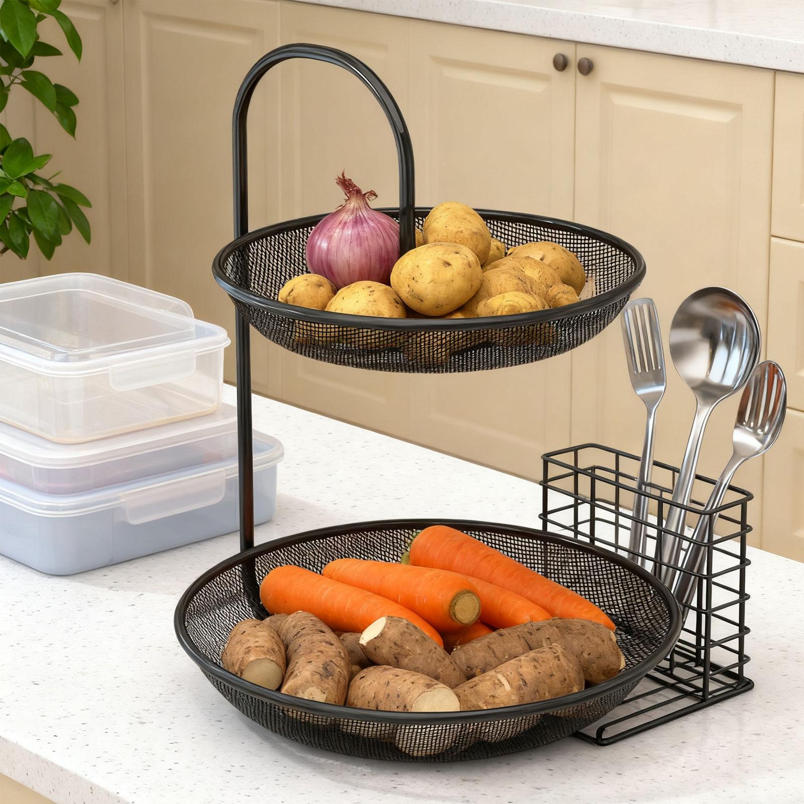 Fiocias Fruit Basket 2 Layer Organizer Storage Stand Holder Fruit Bowl Vegetables Basket Black
