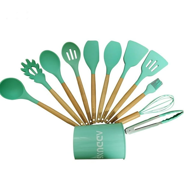 Adduns Wooden Silicone Kitchen Utensil Set With Holder 11 Piece Set Walmart Com Walmart Com