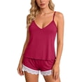 thumbnail image 2 of LIZUOJUN Pajama Sets For Women 2 Piece Ribbed Knit Camisole Top Shorts Set V Neck Lace Trim Hem Detail Soft Stretchy Breathable Lightweight Loungewear - 2XL, 2 of 9