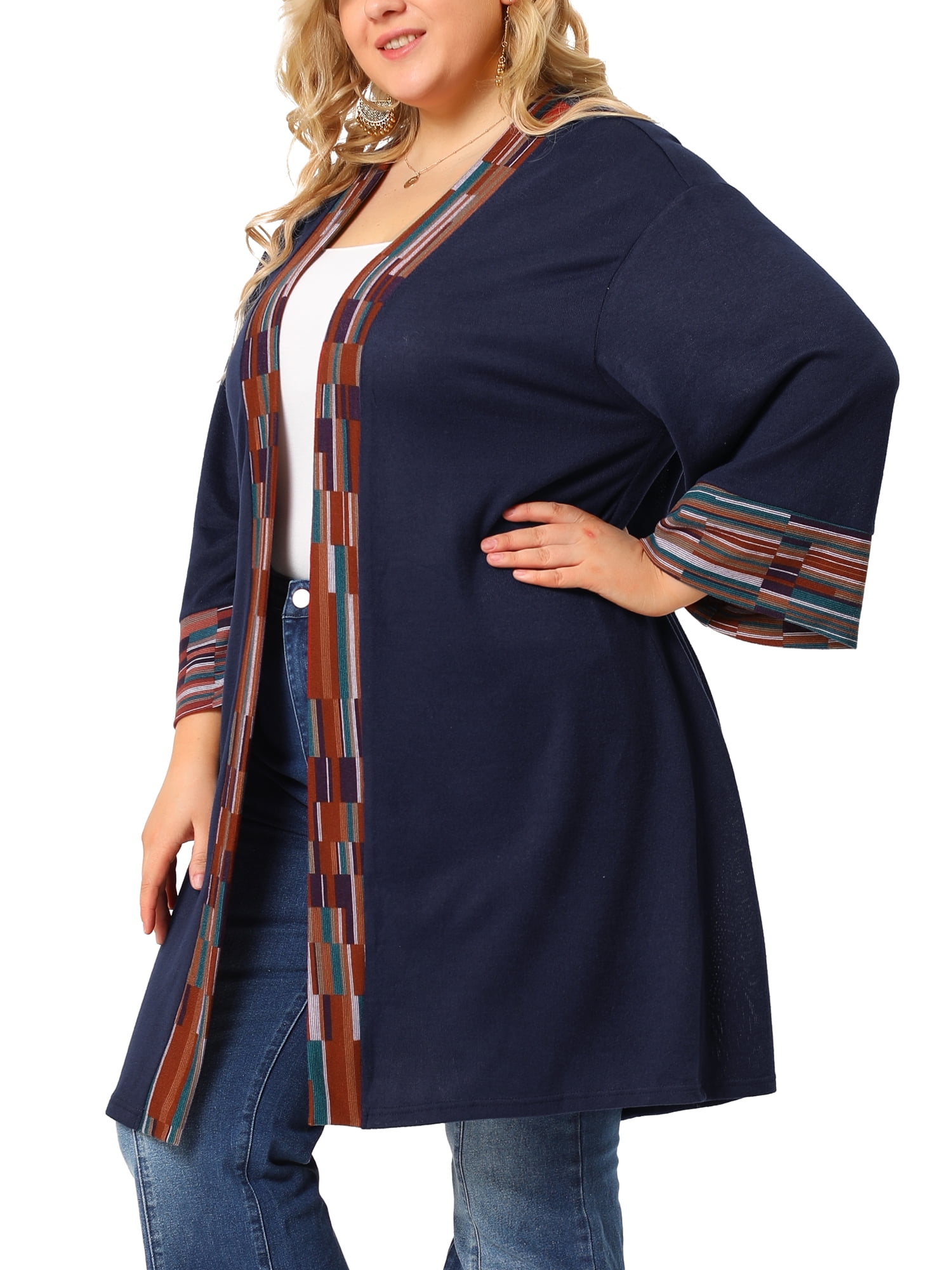 Unique Bargains Women's Plus Size Boho Relaxed Open Front Cardigans 3X Dark Blue