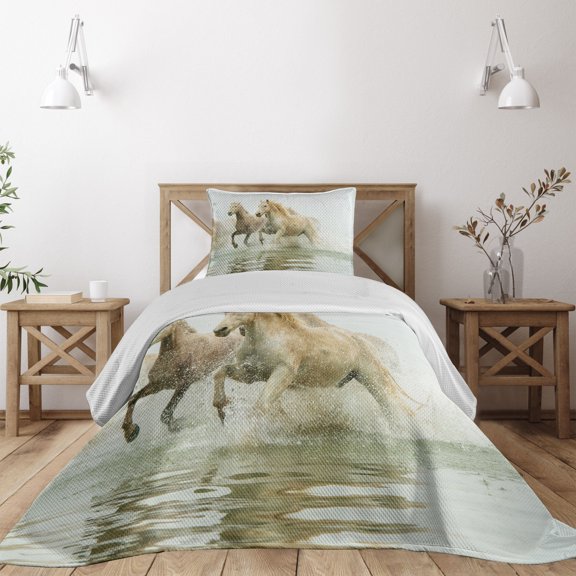 Ambesonne White Quilted Coverlet 2 Pcs, Camargue Horses in Water, Twin Size, White Beige