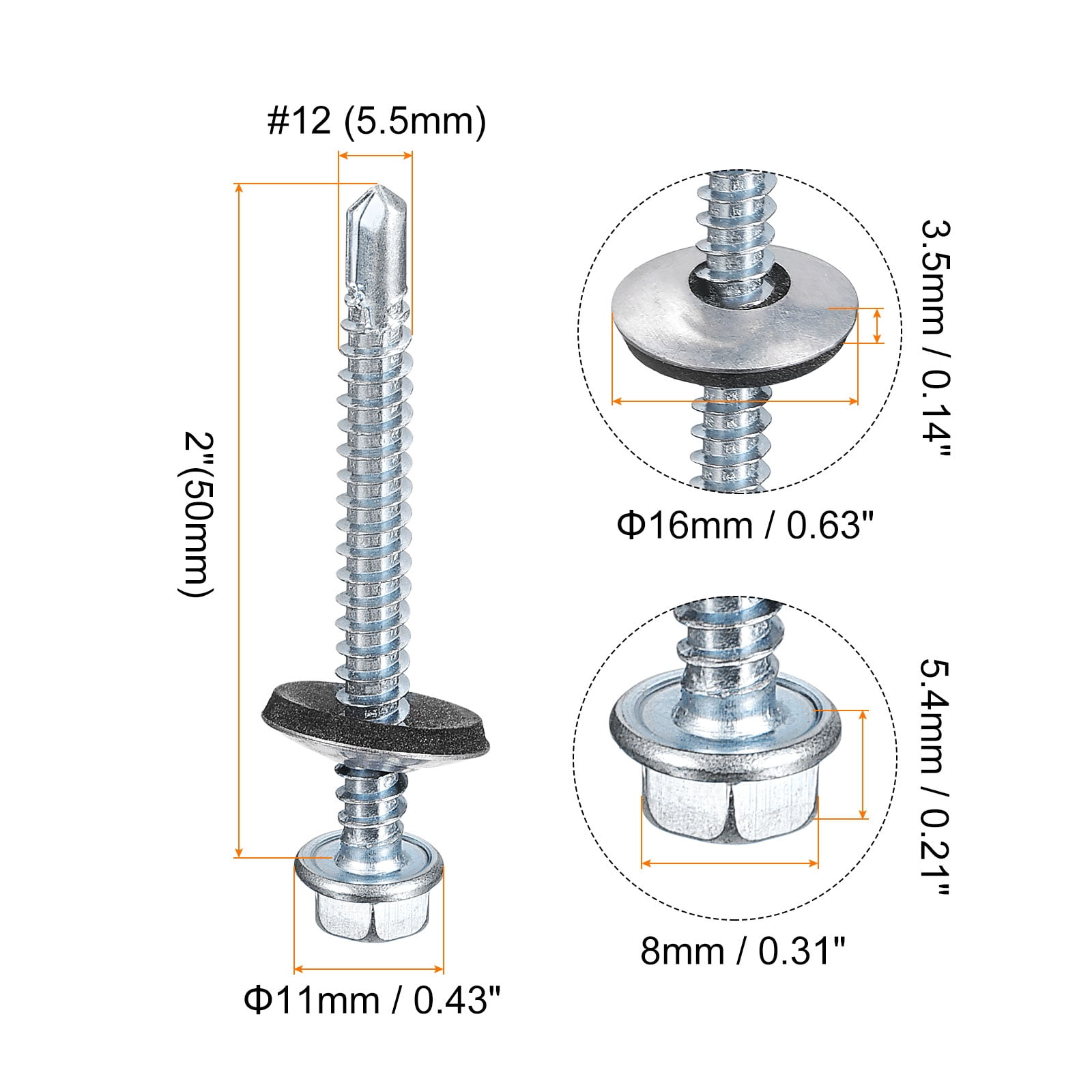 Unique Bargains Roof Screw Self Drilling Hex Head Self Tapping Screws Silver #12 x 2"